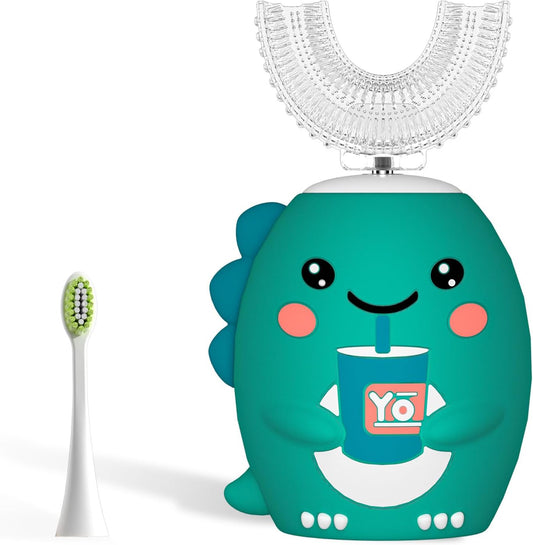Kids U Shaped Electric Toothbrush，Auto Sonic Baby Toothbrush，Cartoon Dinosaur 360-Degree Cleaning IPX7 Waterproof Design（2-7Y）